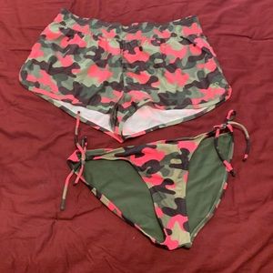 OP pink & green camp swim shorts and bikini bottom